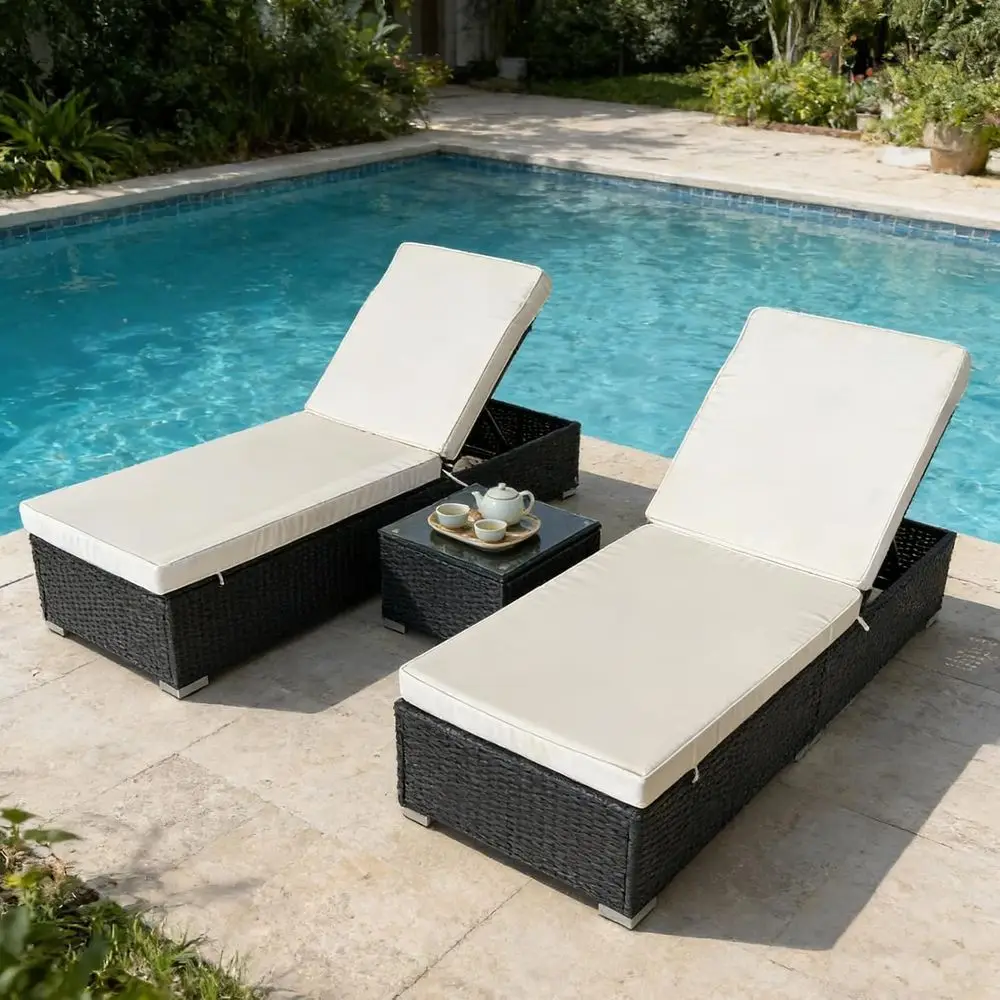 

2-Piece All-Weather Wicker Lounge Set with Side Table, Adjustable Backrest, Removable Cushion for Poolside, Beach, Patio
