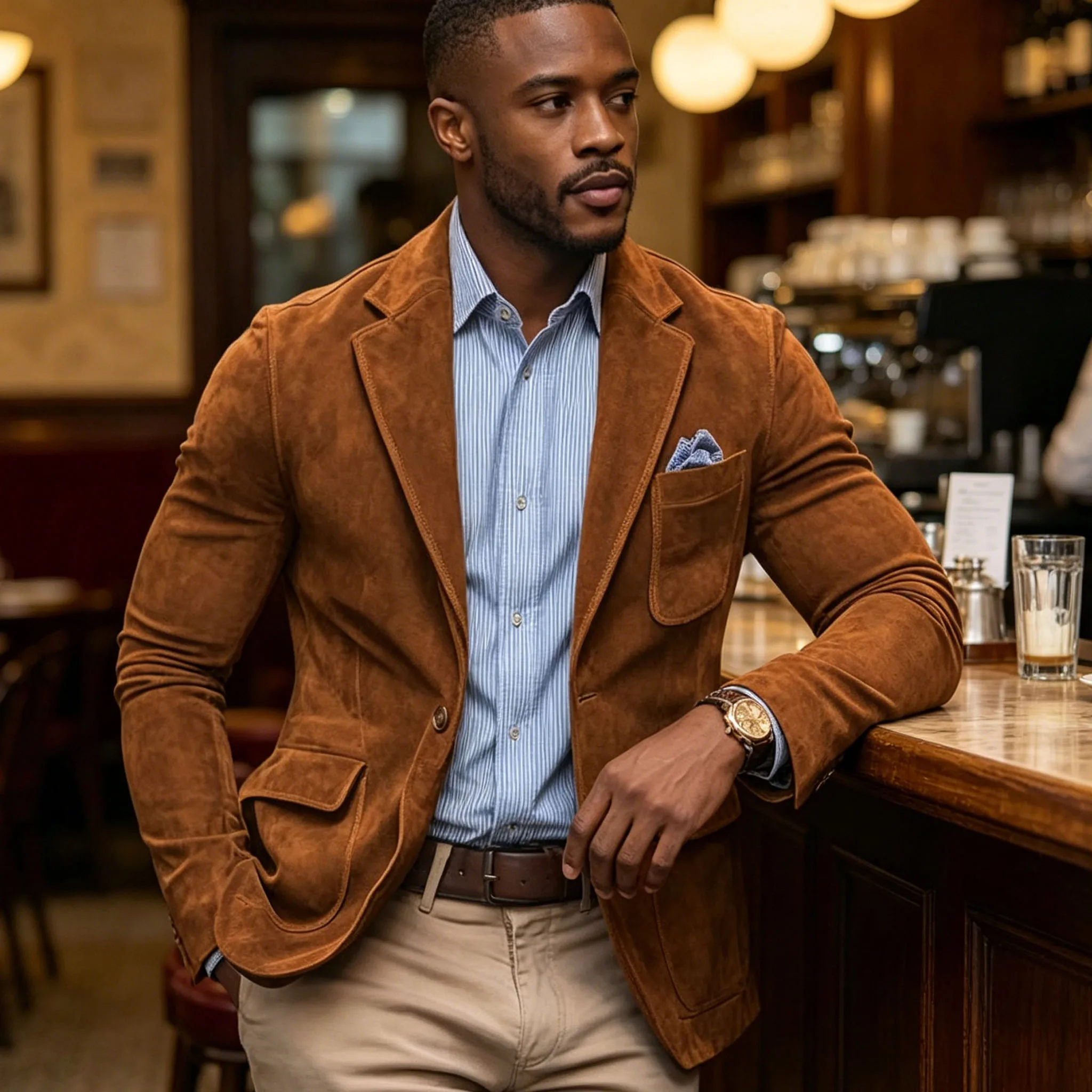 Men's Suede Brown Blazer Vintage Slim Fit Notched Lapel Formal Jacket High Quality Flap Pocket Sport Coat For Business Casual 2