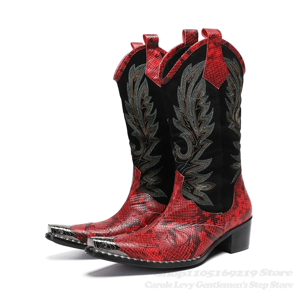 Red Snake Pattern Crystal Print Patchwork Knee High Boot Men Iron Pointed Toe Chunky Heel Western Nightclub Runway Long Boots