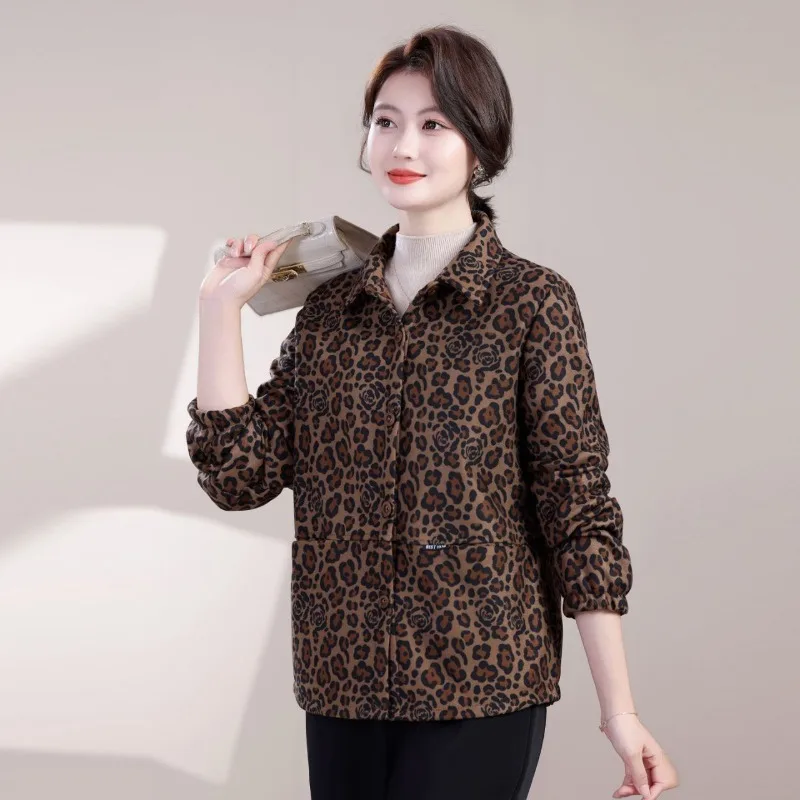 Casual Spring Autumn Leopard Print Jacket Women Turn Down Collar Loose All Match Coat