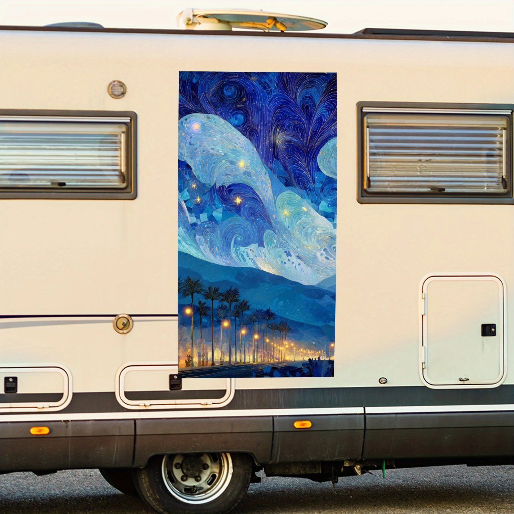 

Fantasy Night Sky with Purple Nebula and Palm Trees Vinyl Decal for motorhome car door, Waterproof Self-Adhesive Vinyl Stickers,