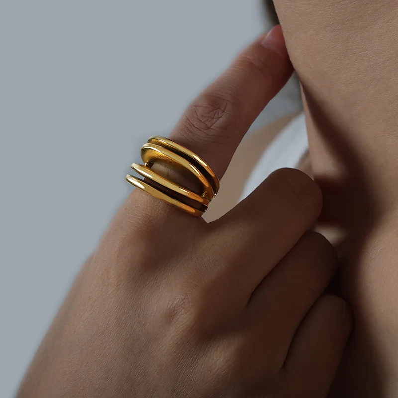 Trendige mehrschichtige Ringe für Damen und Herren, 316L-Edelstahl, 18 Karat vergoldet, kein Anlaufen, offener Fingerring für Damen, Paarschmuck