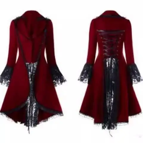 

Anime Costume Medieval Court Outfit Lace Splicing Dstring Waist Tailcoat Tuxedo Long Sve Bell Sve Color PU Mat...