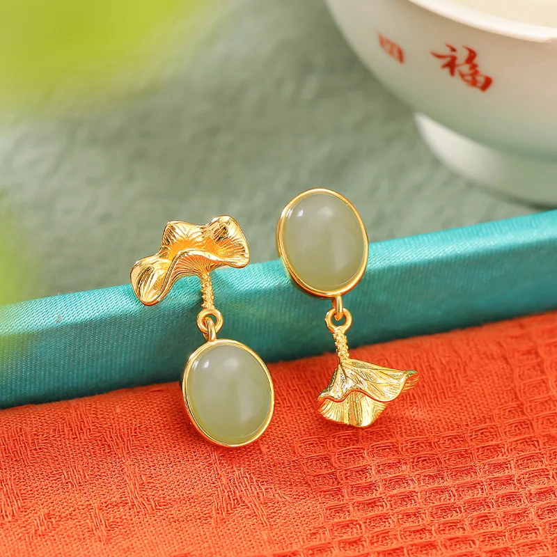 S925 Sterling Silver Gold-Plated Hetian Jade Vintage Ruffle-Shaped Stud Irregular Earrings