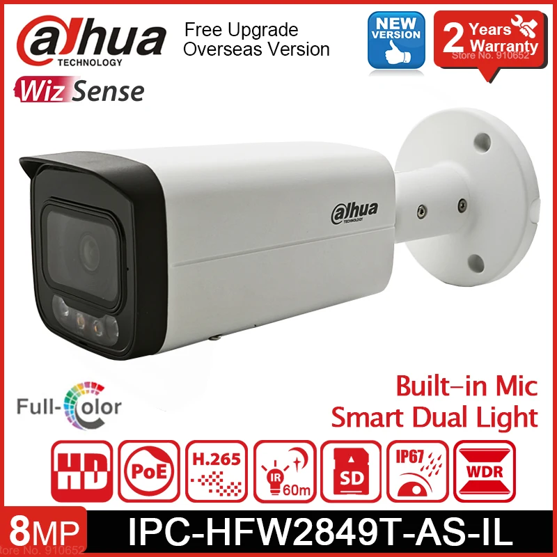 Dahua IPC-HFW2849T-AS-IL 8MP Smart Dual Light Full-Color IR 60m Bullet WizSense Network IP Camera Outdoor Security Built in Mic