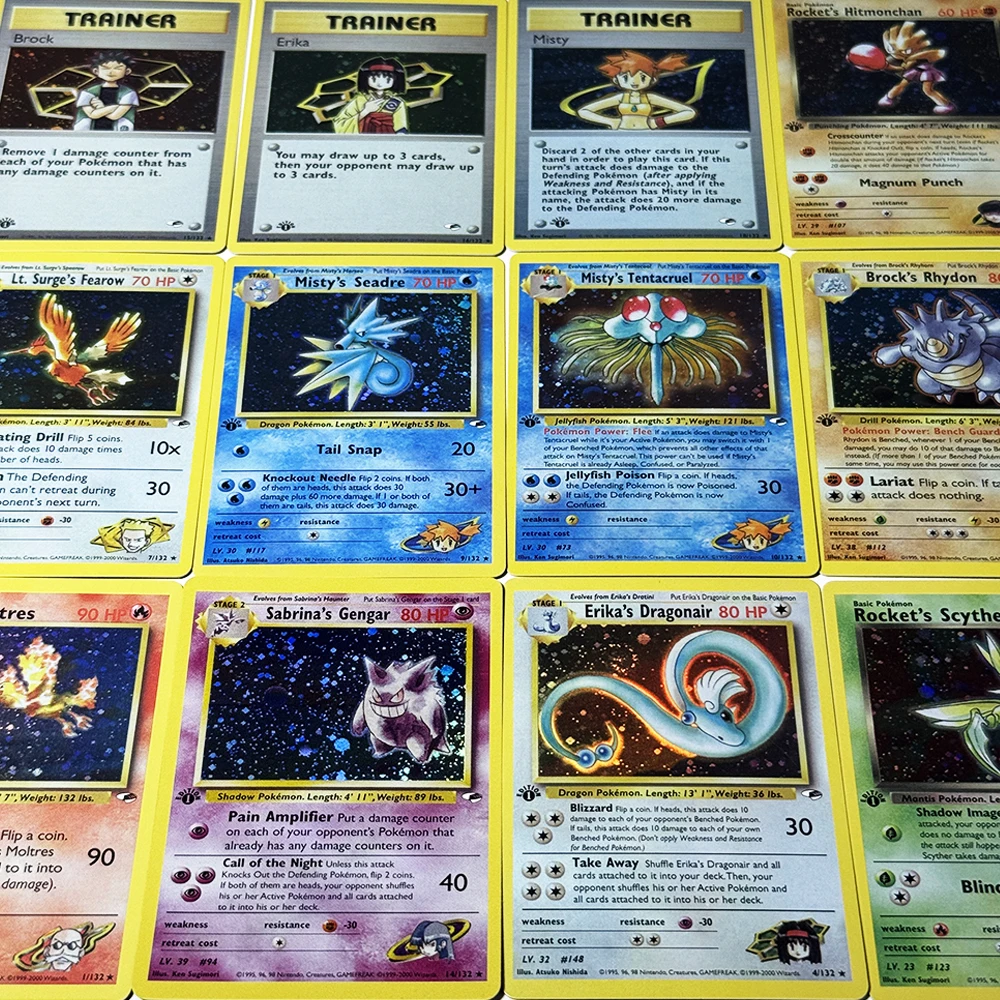 PKM Gym Heroes 1st Editioan Foil Game Proxy cards PTCG Sabrina’s Gengar Rocket’s Scyther Blaine’s Moltres Erika’s Dragonair Card