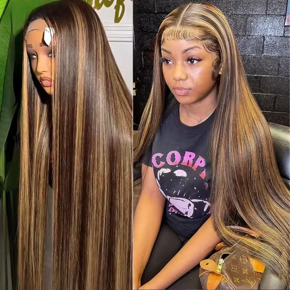 

P4/27 Highlight Straight Lace Front Human Hair Wig 13x4 13x6 Straight Brazilian HD Lace Frontal Wig For Women Pre Plucked 46Inch