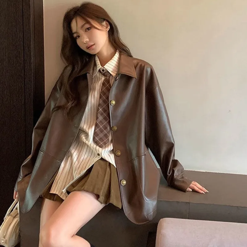 Xiaoxiangfeng Faux Leather Coat Women's Spring Autumn 2024 New Korean Retro Long Sleeved Overcoat Loose Slim PU Leather Coat