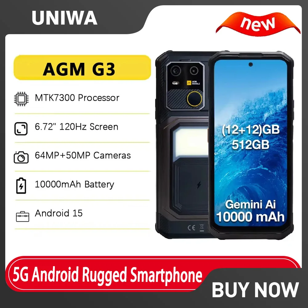 

AGM G3 5G Rugged Phone 12GB+512GB Mobile Phone 10000mAh 6.72 Inch 120Hz Dimensity 7300 Smartphone Android15 Camping light