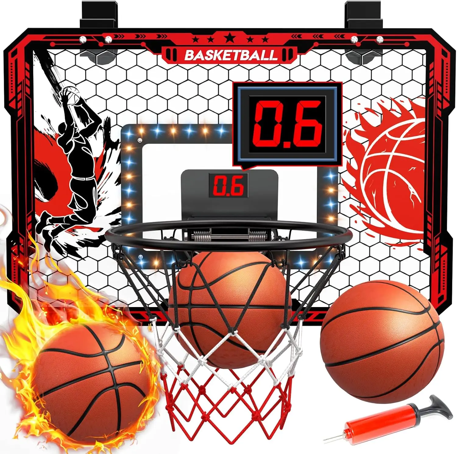 

Indoor Basketball Hoop with Lights, Sound, LED Scoreboard & Balls for Kids and Teens - Door Hanging Toy