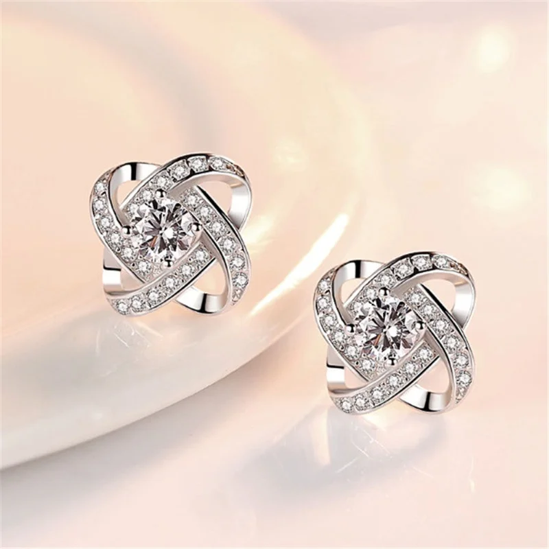 Wedding Rhinestone 925 Sterling Silver Geometric Flower Jewelry Sets Necklaces Earrings Rings For Women Girl Anti-Allergy