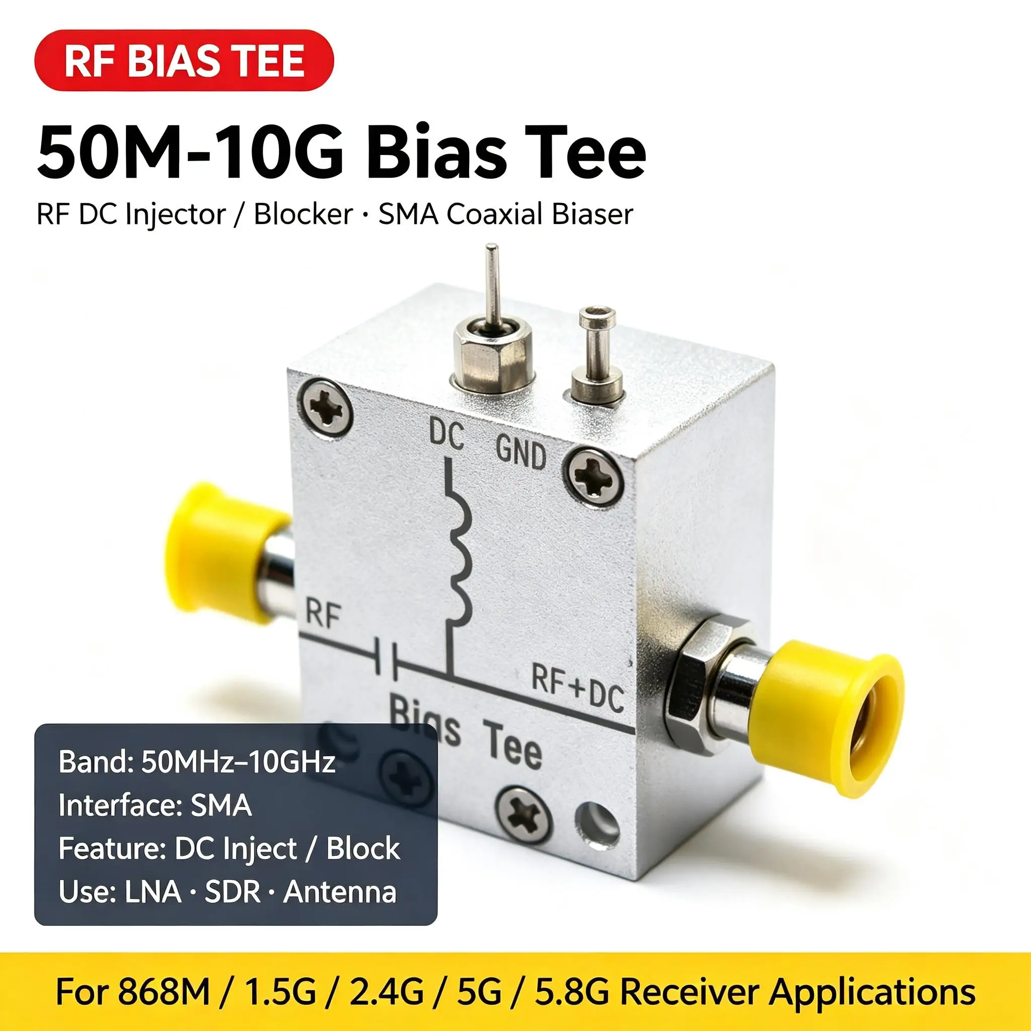DYKB 50M-10G Bias Tee RF DC Injector Blocker SMA Coaxial Biaser 0.05-10GHz DC Power Over Cable LNA SDR Antenna GPS BiasTee