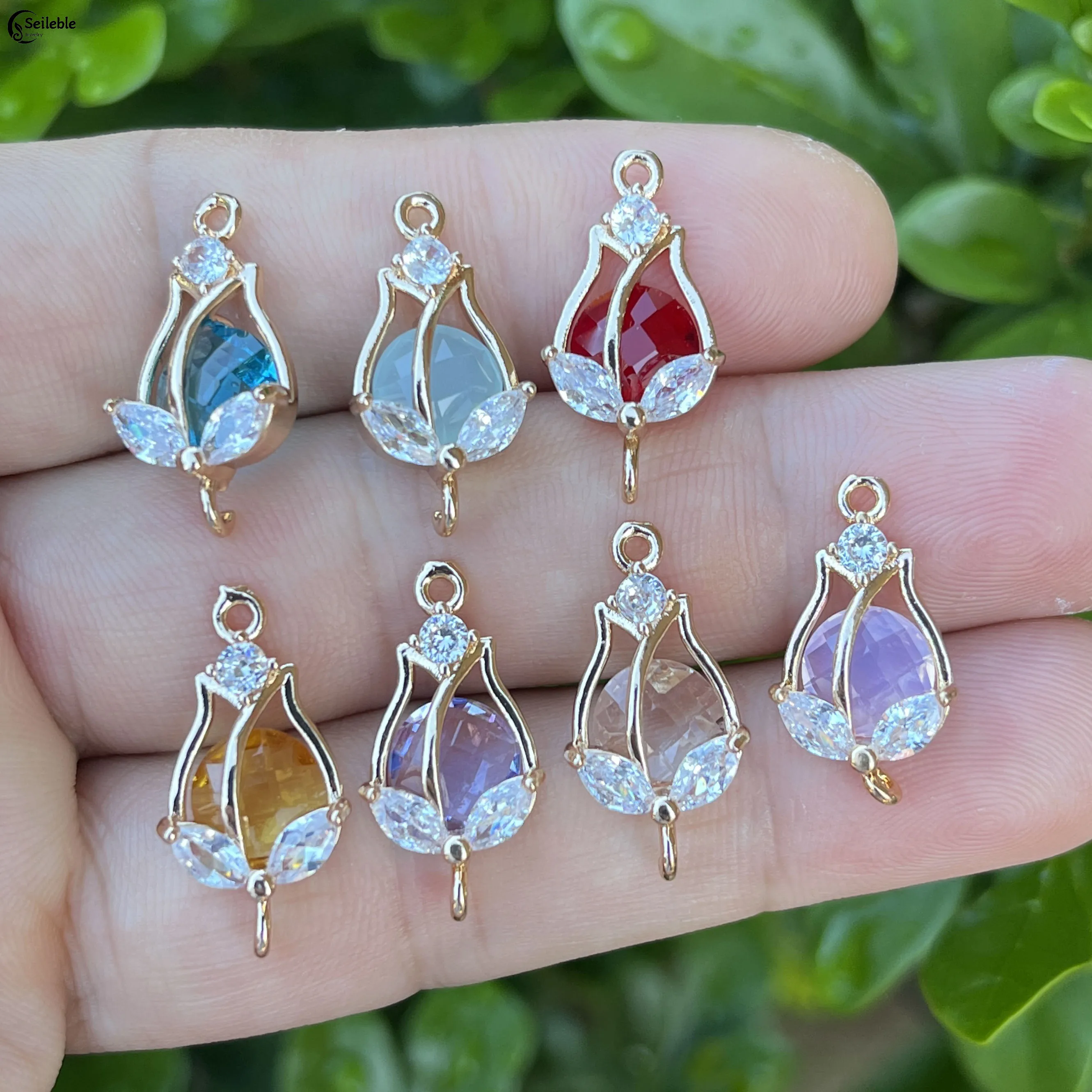 20pcs/ Bag New copper micro-set zirconia tulip rose pendant bud charm DIY bracelet necklace earrings charm