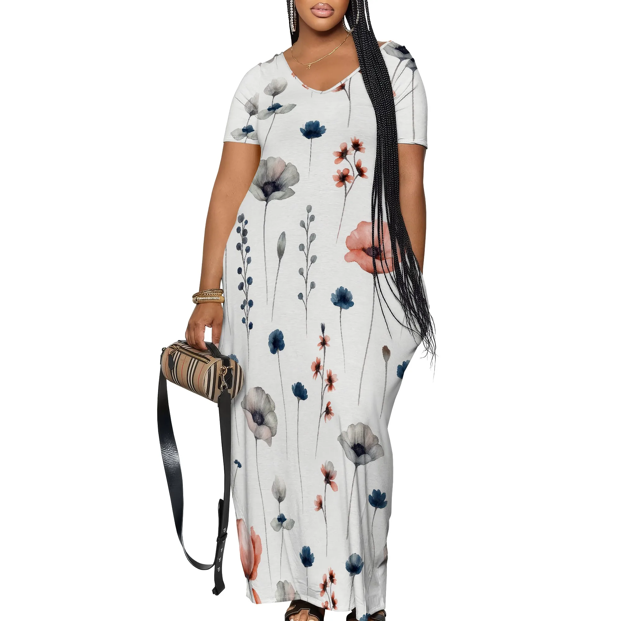 

Plus Size Dress for Women Summer Floral Casual V Neck Short Sleeve Loose Flowy Long Maxi Dresses