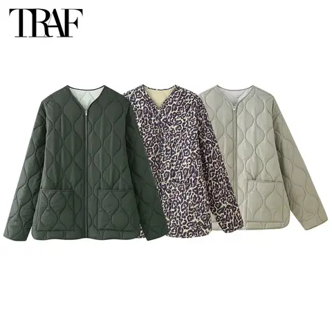 TRAF Leopard Print 퀼트 자켓 여성 패딩 데미 시즌 자켓 여성용 긴 소매 여성 자켓 따뜻한 겨울 코트 여성