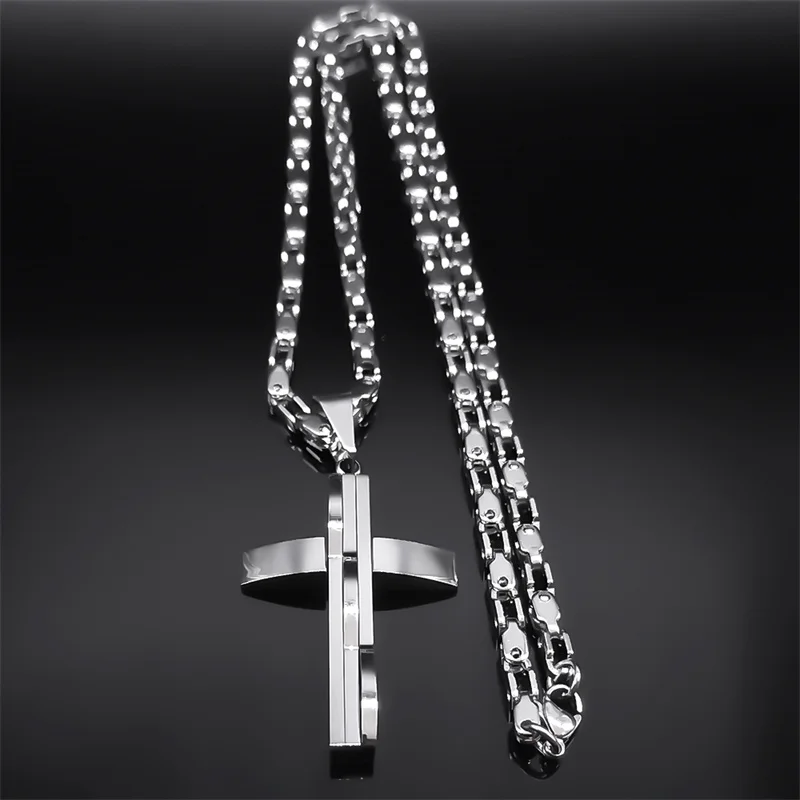 Hip Hop Cross Pendant Necklace for Men Stainless Steel Silver Color Faith Chain Necklaces Christmas Gift Jewelry colar masculino