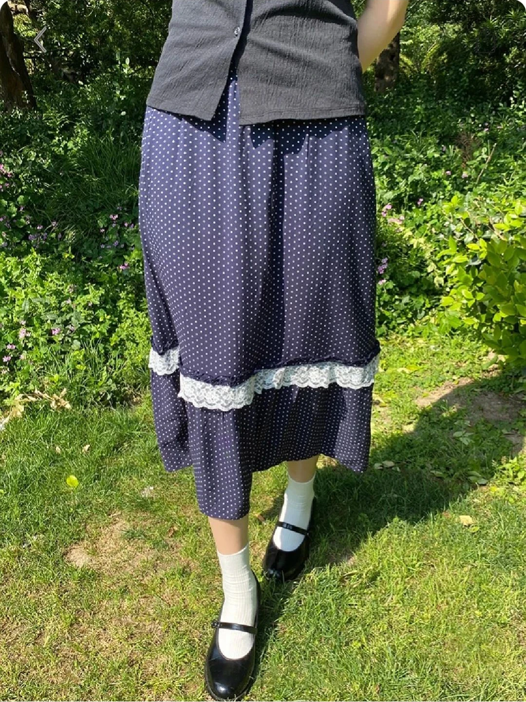 

Polka Dot Navy Lace Patchwork Long Skirt Women Elastic Waist Vintage Casual A-line Faldas Summer Preppy Style Sweet Midi Skirts