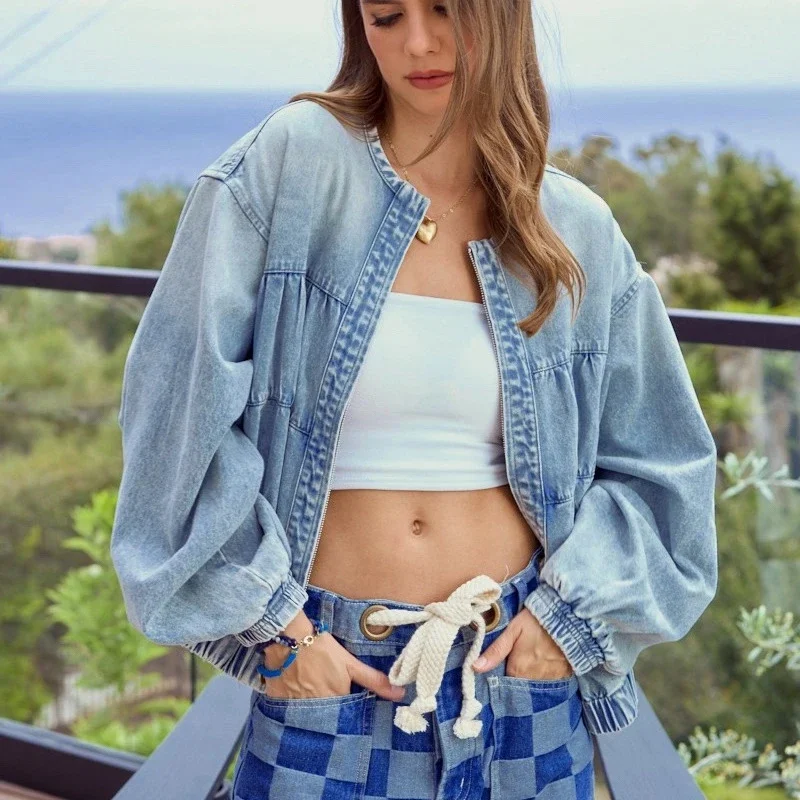 

Светло-голубая джинсовая куртка для женщин, свободная молния спереди с круглым вырезом, негабаритная повседневная уличная одежда, осенний подарок на день рождения для путешествий