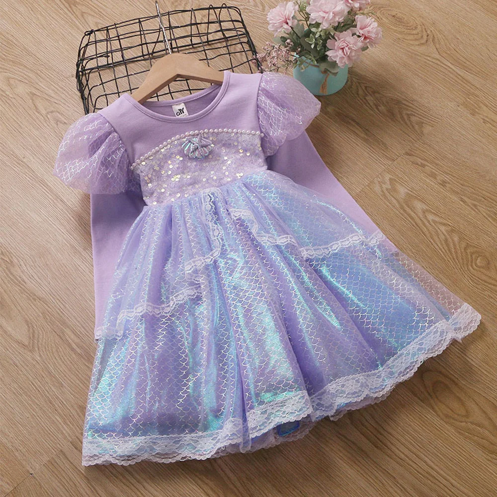 Long Sleeve Purple Sequins Princess Dress Autumn Children Dresses for Girl with Pearl Fancy Birthday Party Gown Formal Carnival