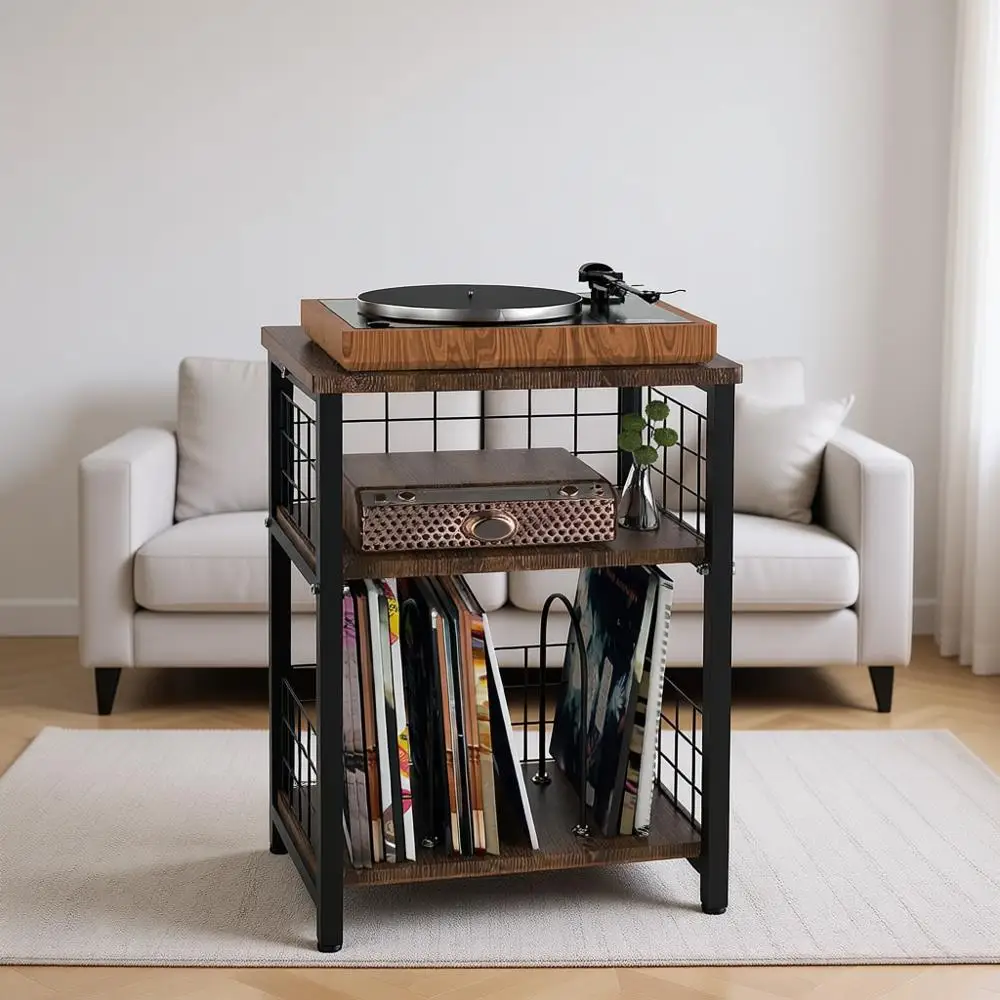 

Трехъярусный приставной столик с двойным вращающимся ярусом из металлической сетки для хранения 100 виниловых пластинок