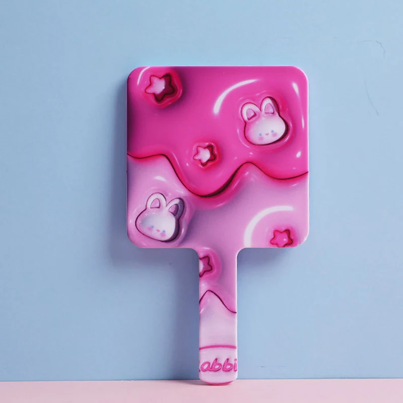 손잡이가 달린 귀여운 만화 토끼 사각형 메이크업 거울, 핸드헬드 메이크업 거울, 스파 살롱 컴팩트 거울, 화장품 거울