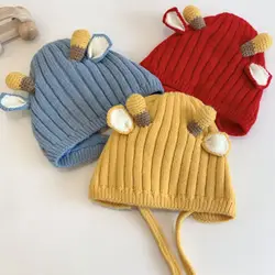 Cute Baby Autumn Winter Thick Warm Hats Knit Deer Ears Caps for Newborn Infant Beanies with Windproof Rope 6-24months