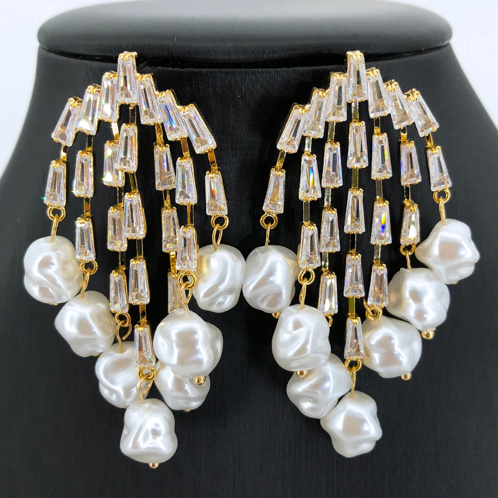 

Missvikki New Luxury Tassel Pearls Pendant Drop Earrings Full Mirco Black Cubic Zirconia European Wedding Fashion Jewelry