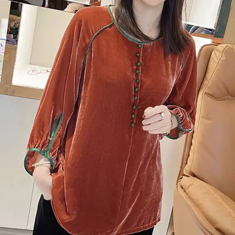 

Spring Women Blouses O-neck Long Sleeve Buttons Up Patchwork Pleuche Short Shirts Loose Pullovers Temperament Blouse Tops B251