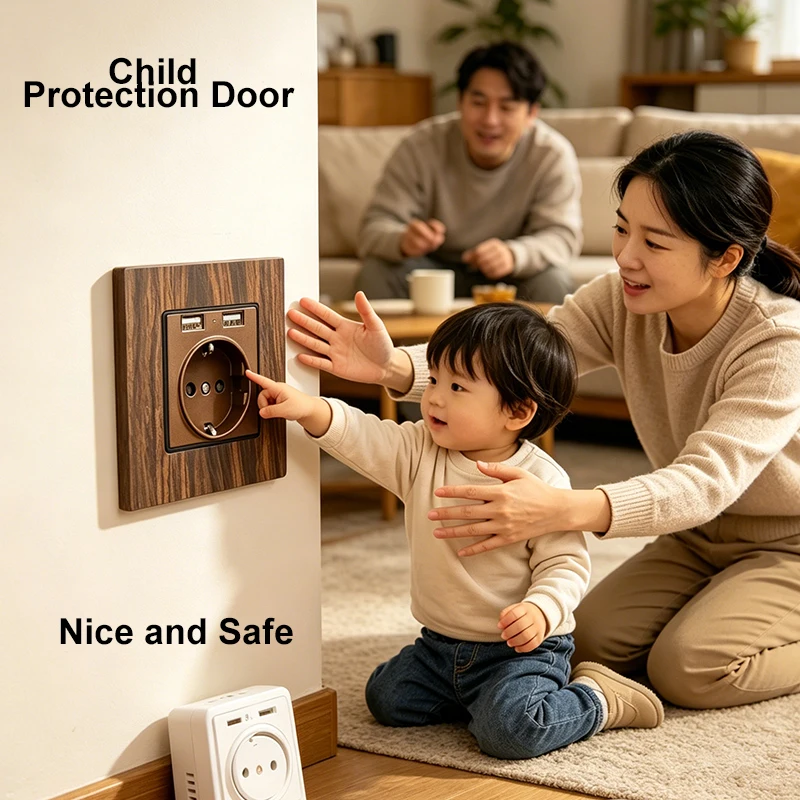 EU German Standard 86 Wallpad Socket 16A with Wood Texture Metal Frame for UK Box - Wall Power Socket