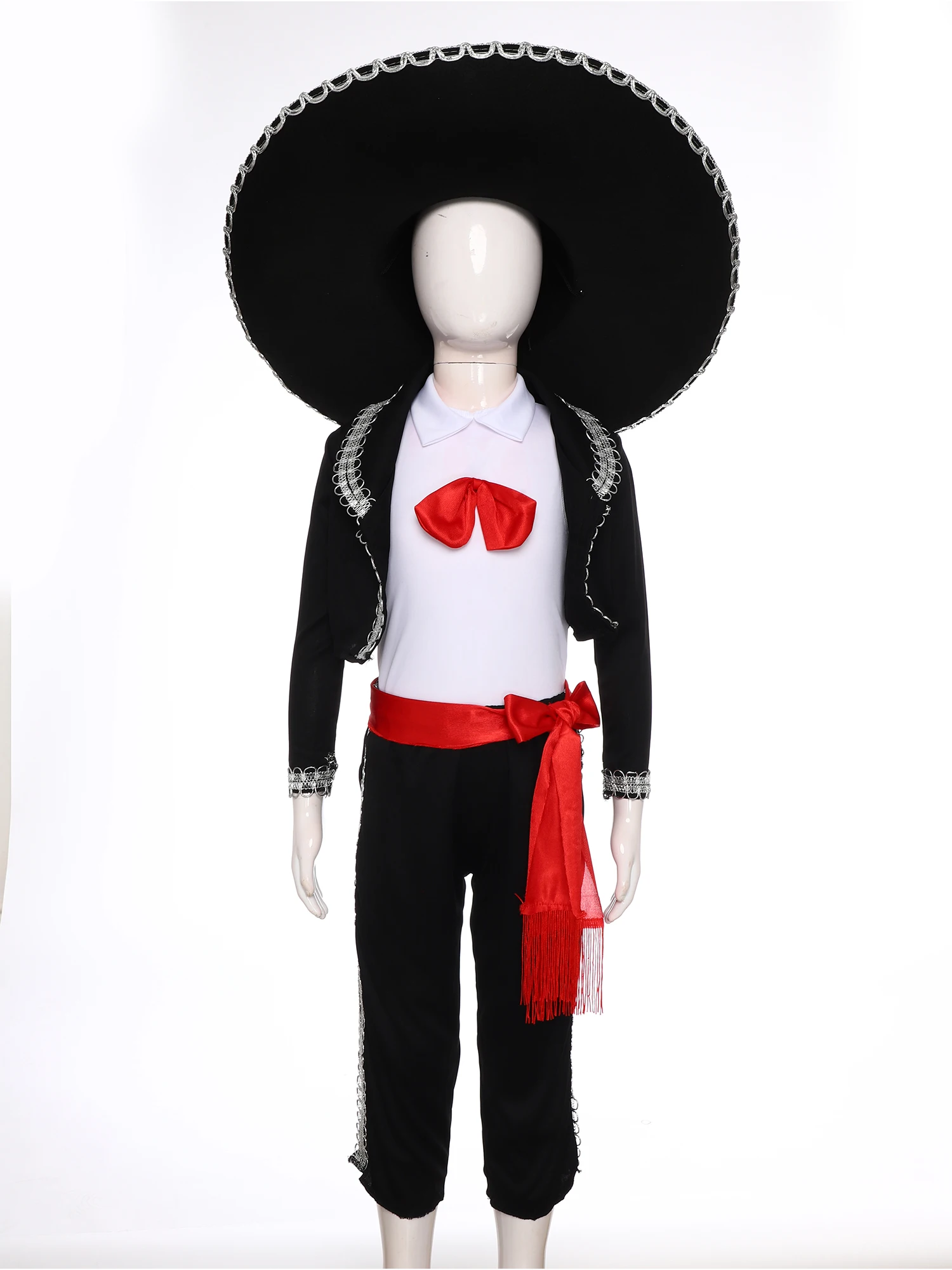 5Pcs Kids Traditional Mariachi Dress Up Costume Halloween Mexican Cosplay Vest Pants Jacket Waistband And Hat Performance Set