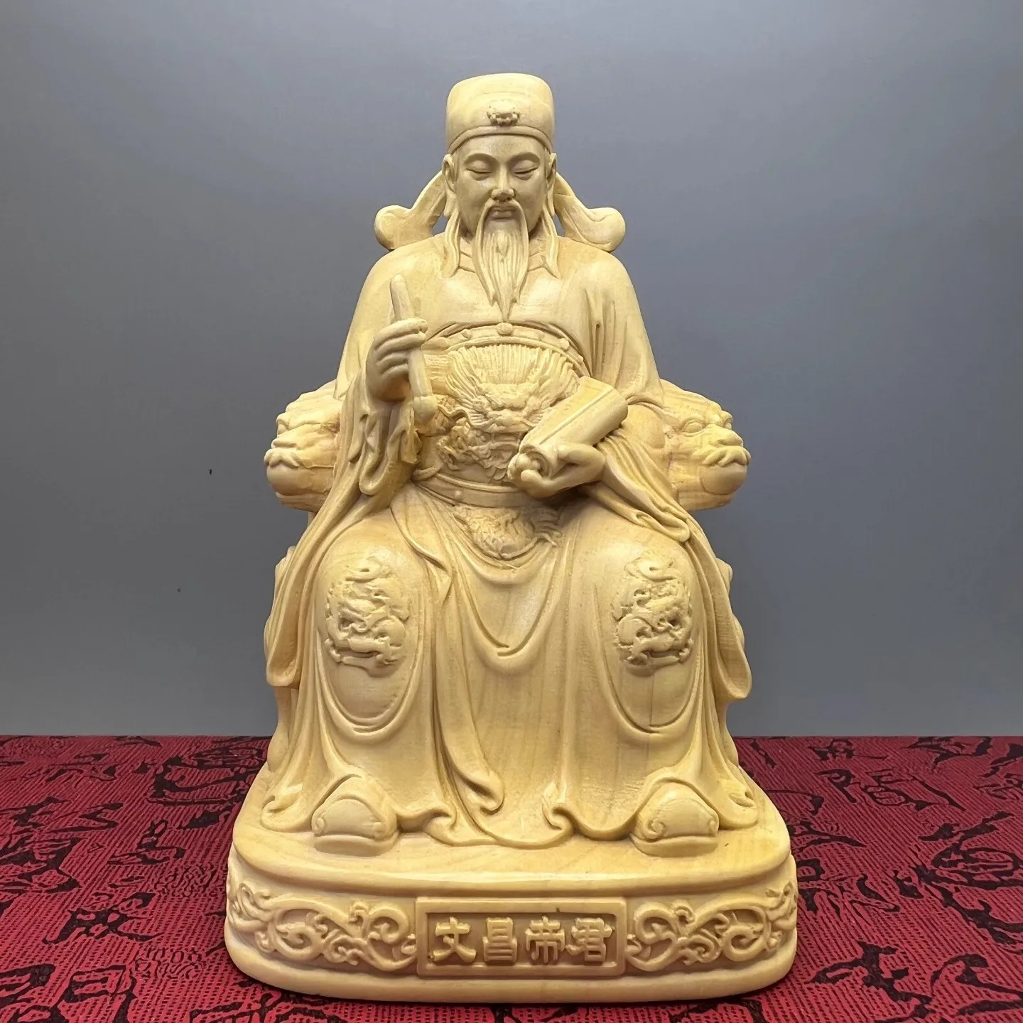 Statue de Wenchang Dijun sculptée en buis - Dieu de la littérature et de la sagesse pour le succès d'étude, l'autel à domicile et la bénédiction du bureau d'étudiant, Figuri