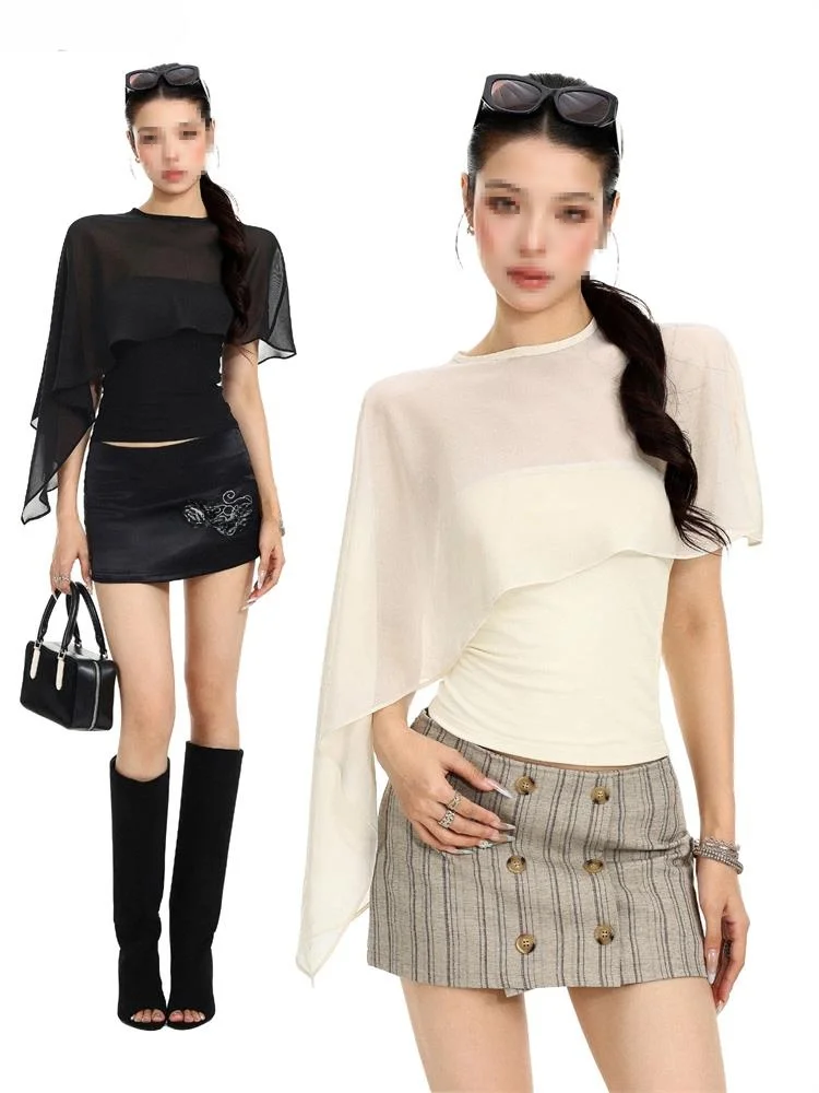 Black Mesh Cloak Shoulder Wrap Women's Slim Fit Top Korean Style High Waist Asymmetric Tunic Summer Slimming Trendy Crop Top