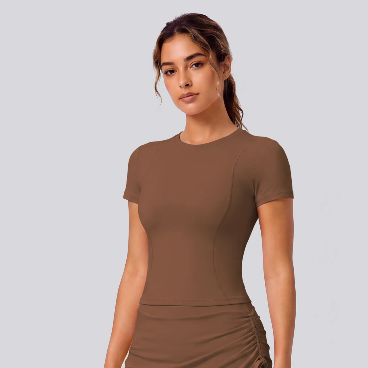Rooftrellen Schnelltrocknendes Enges Yoga-T-Shirt für Damen, Kurzarm, Einfarbig, Atmungsaktives Sport-Top für Fitness und Yoga – Detail 10