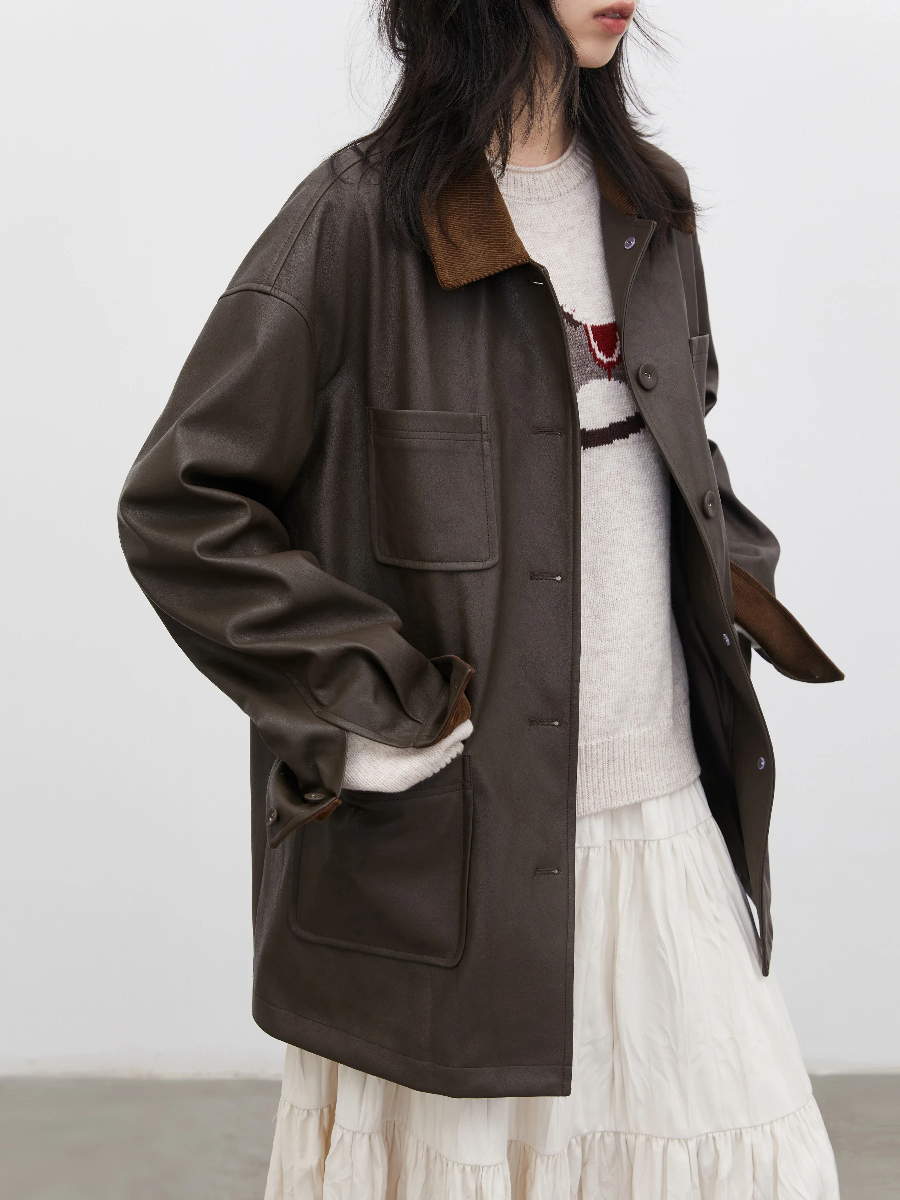 Chicven Spring Wild Chase バーンスタイル コーデュロイ パッチワーク PU レザー ジャケット 防水 ワークウェア コート ユース ストレート スリーブ ロング