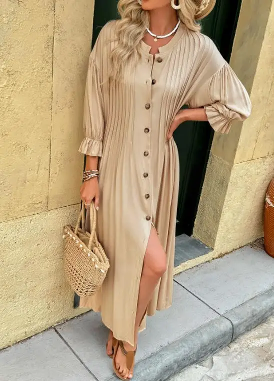 

Retro Elegant Long Dress with Drawstring Buttons Solid Color Waist Cinching Design for Vacation And Commuting 2025 Style