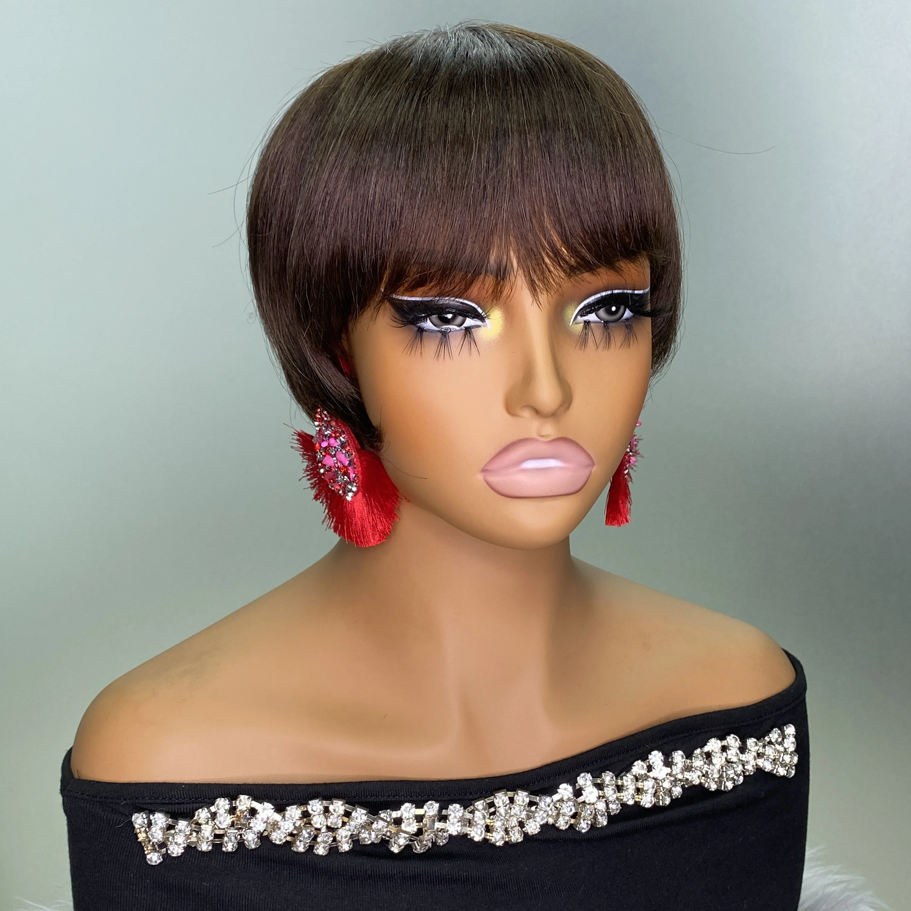 Human Hair Short Layered Pixie Cut for Black Women Brazilian Remy Machine Made Brown Color