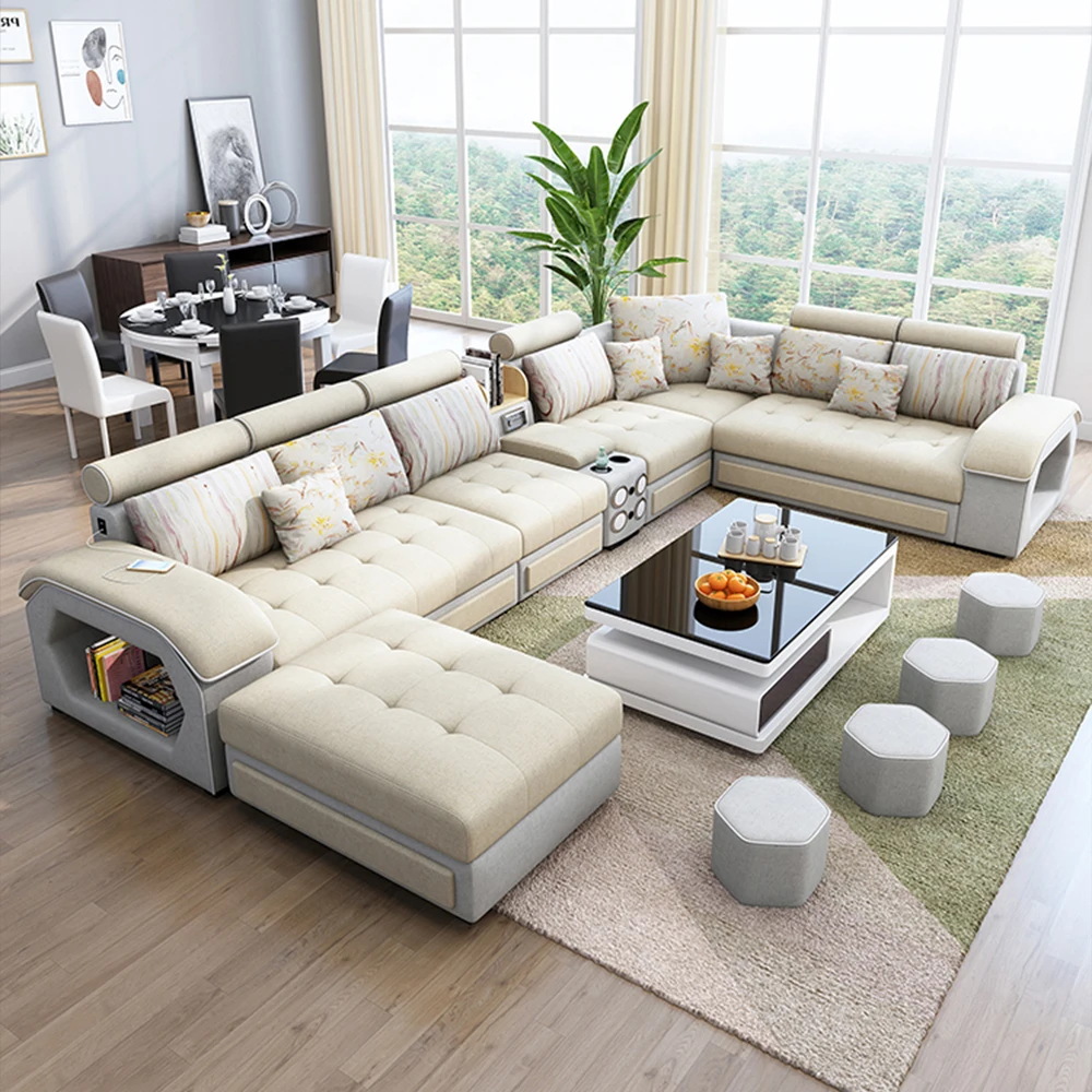 Guandong factory sales wholesale U shaped Leather fabric living room sofa set designs