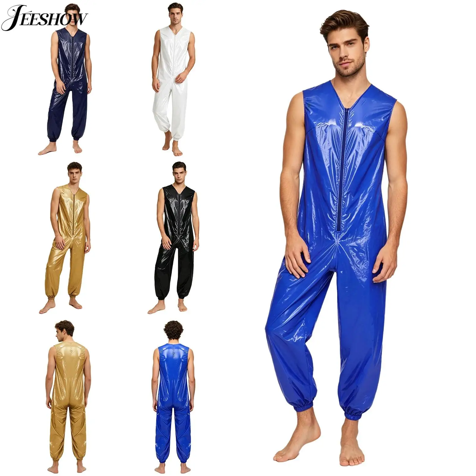Mens Waterproof Anti-Leak Adaptive Clothing V Neck Sleeveless Front Zipper Jumpsuit Incontinence Diaper Cover Underwear Rompers
