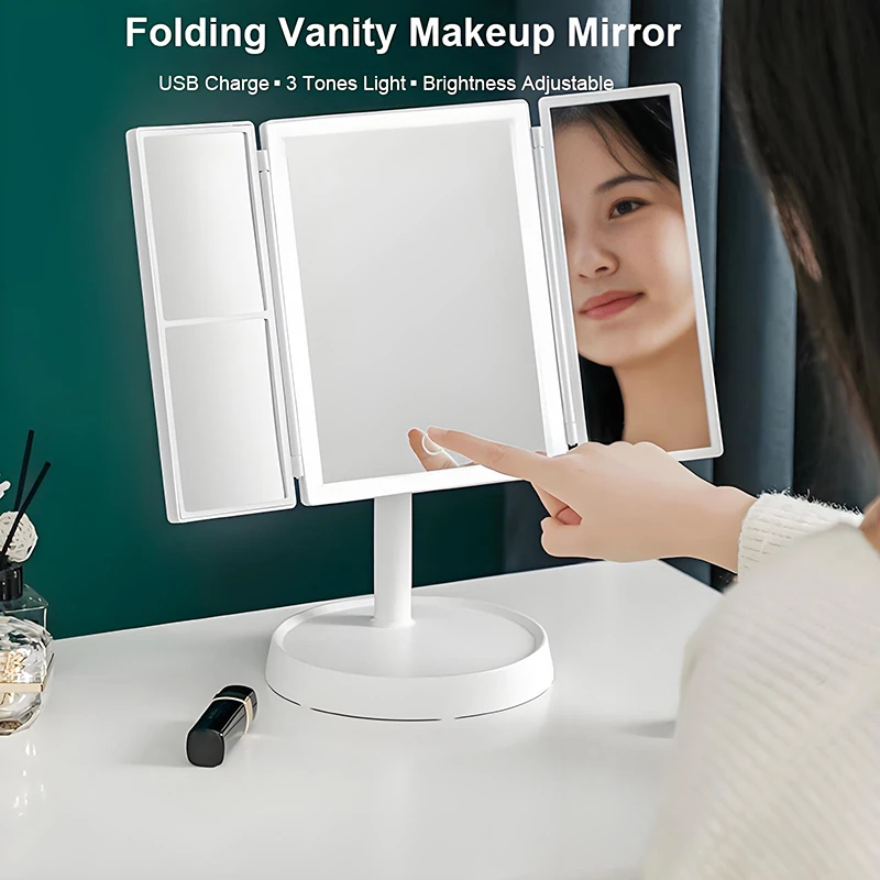 

Folding Vanity Makeup Mirror with Lights, Brightness Adjustable 2X/3X Magnifying 360° Rotate USB Charge Illuminated Desk Mirror