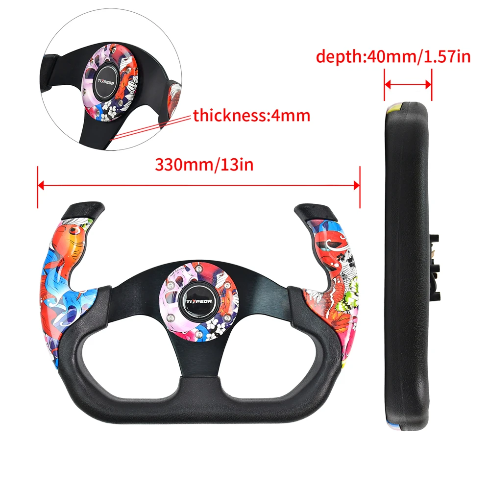TIYPEOR Graffiti Style 330mm Universal Steering Wheel  PU Material 40mm Depth D-shaped Opening Sport Steering Wheel For Sim