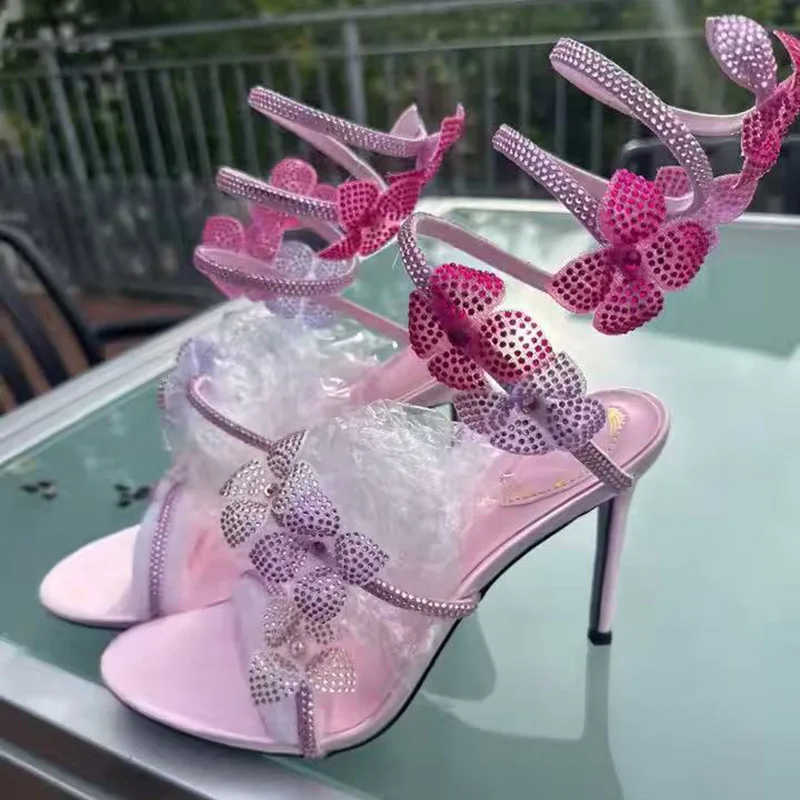 Aneikeh Crystal Flower Women Sandals Snake Ankle Wrap Stiletto High Heels Open Toe Rhinestone Floral Banquet Party Dress Shoes