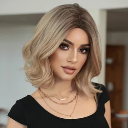 NAMM Costume Wig Synthetic short Wavy Light Brown Wigs For Women Daily Dark Roots Mid Split Wig High Density Layered Hair Wigs