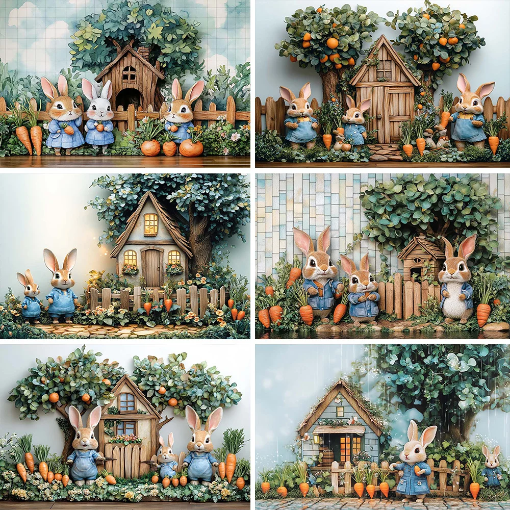 

LS Easter Rabbit Backdrop for Photo Studio Wooden House Carrots Tree Background Spring Little Bunny Birthday Party Shoot Props