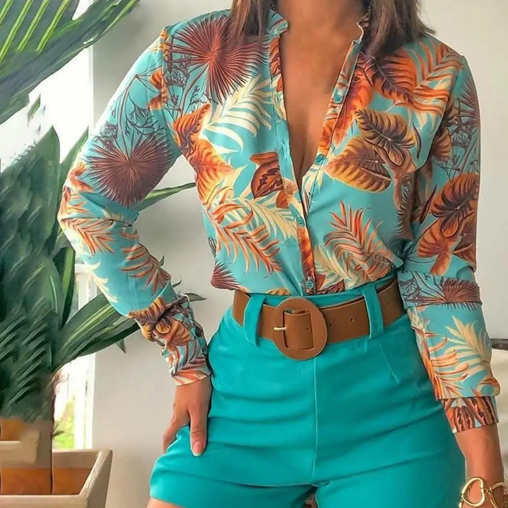 1 Set Stylish Temperament Printed Suit Two-Piece Office Ladies Shirt Shorts Slim-fitting Printed Outfit for Vacation