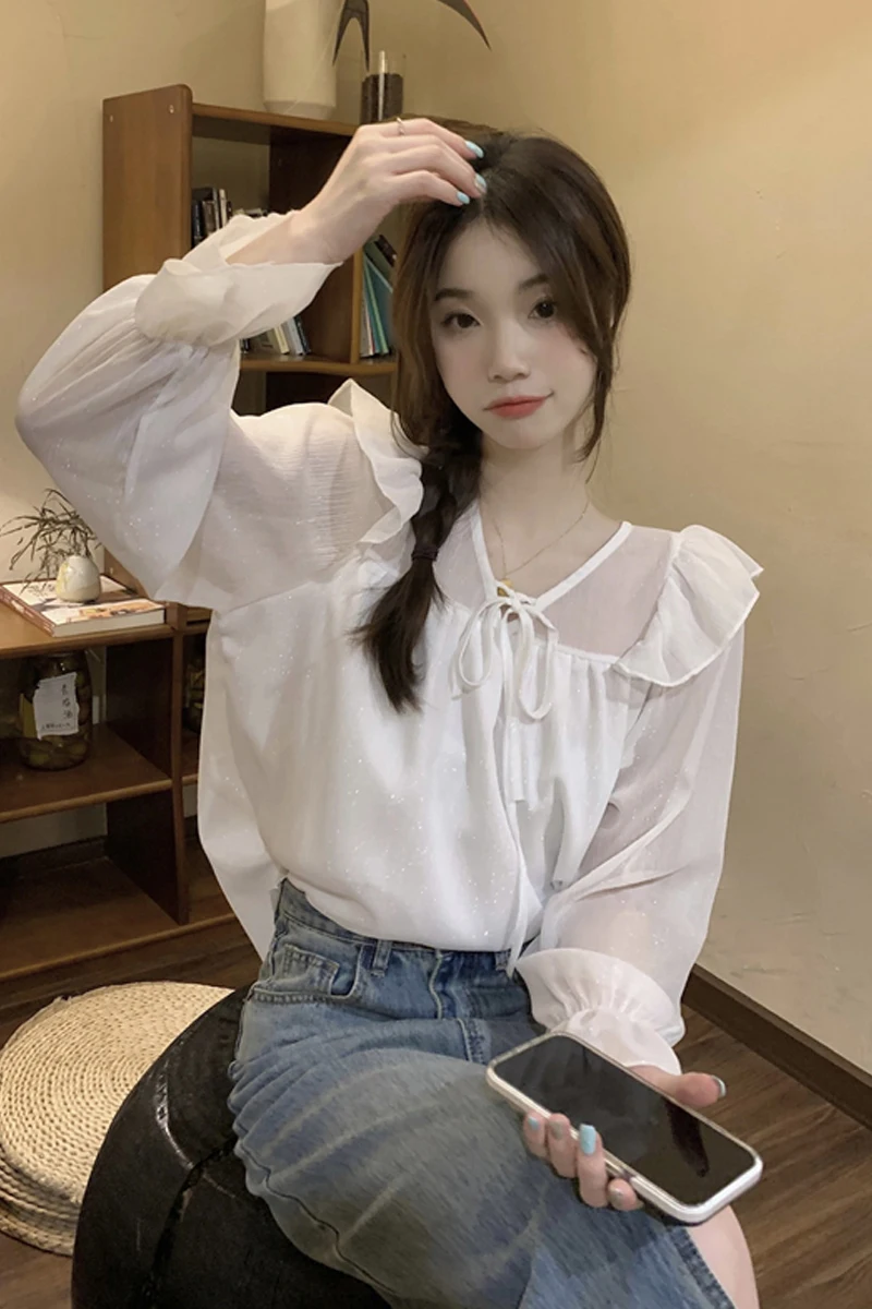 

Chic Vintage Long Sve irt Women's Loose Fit V-Ne Design Gentle Wind Blouse Breathable Korean Sle Commute Faion