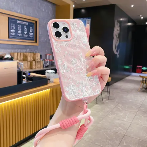 Delicate Texture print Phone Case For iPhone 17 Pro 16 13 14 15 12 11 Pro Max 17Air 15 16 Plus Anti-drop Soft With Lanyard Cover