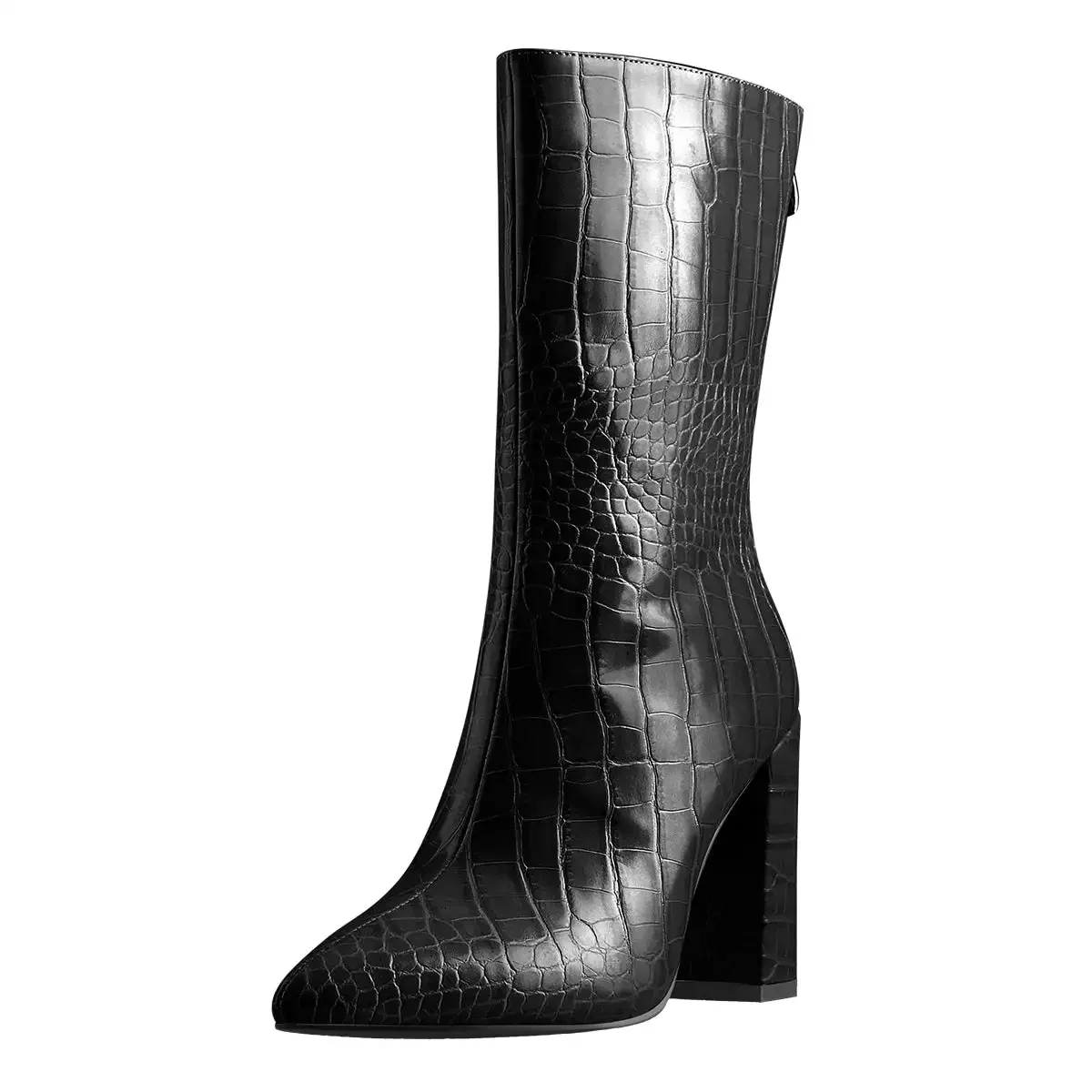 New Sexy Alligator Pattern Medium Boots Pointed Head Square Heel Heightened Knight Boots Slim Large Size Women's Boots 35&46