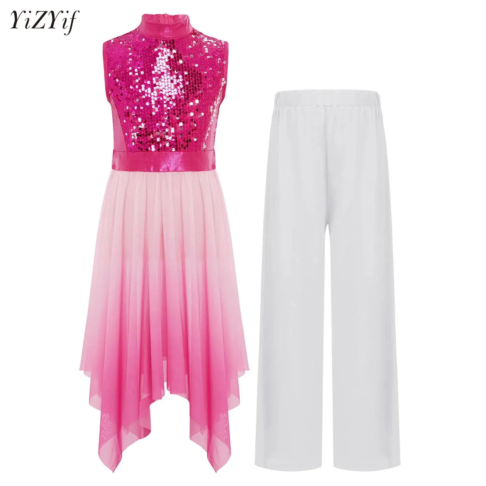 

Детские лирические современные танцевальные костюмы для девочек, литургическое поклонение, похвальное балетное платье-туника для лирического танца + комплект широких брюк