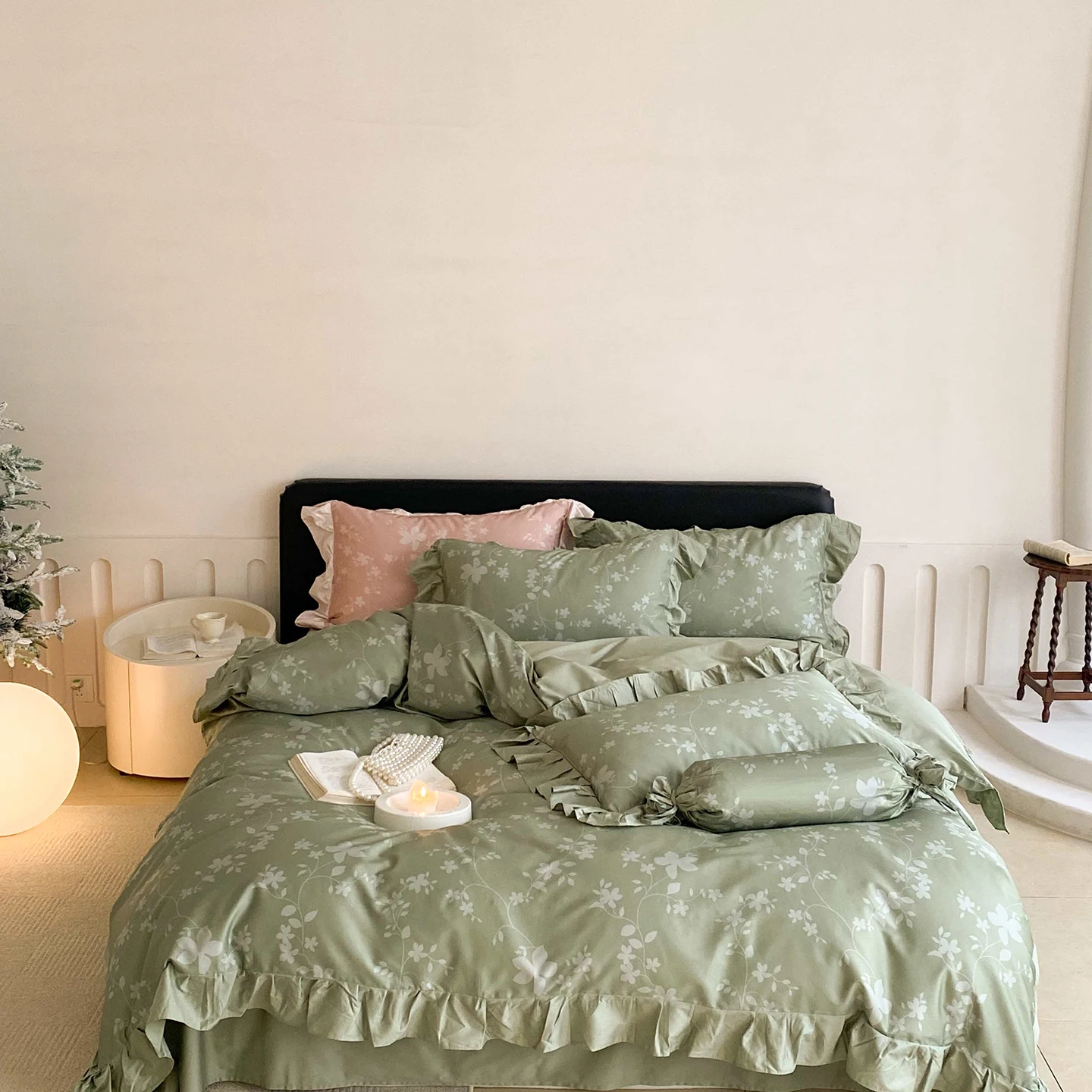 Floral Plant Patterns Ruffles Bedding Set 600TC Egyptian Cotton Queen King Duvet Cover Flat/Fitted Bed Sheet Pillowcases 4Pcs