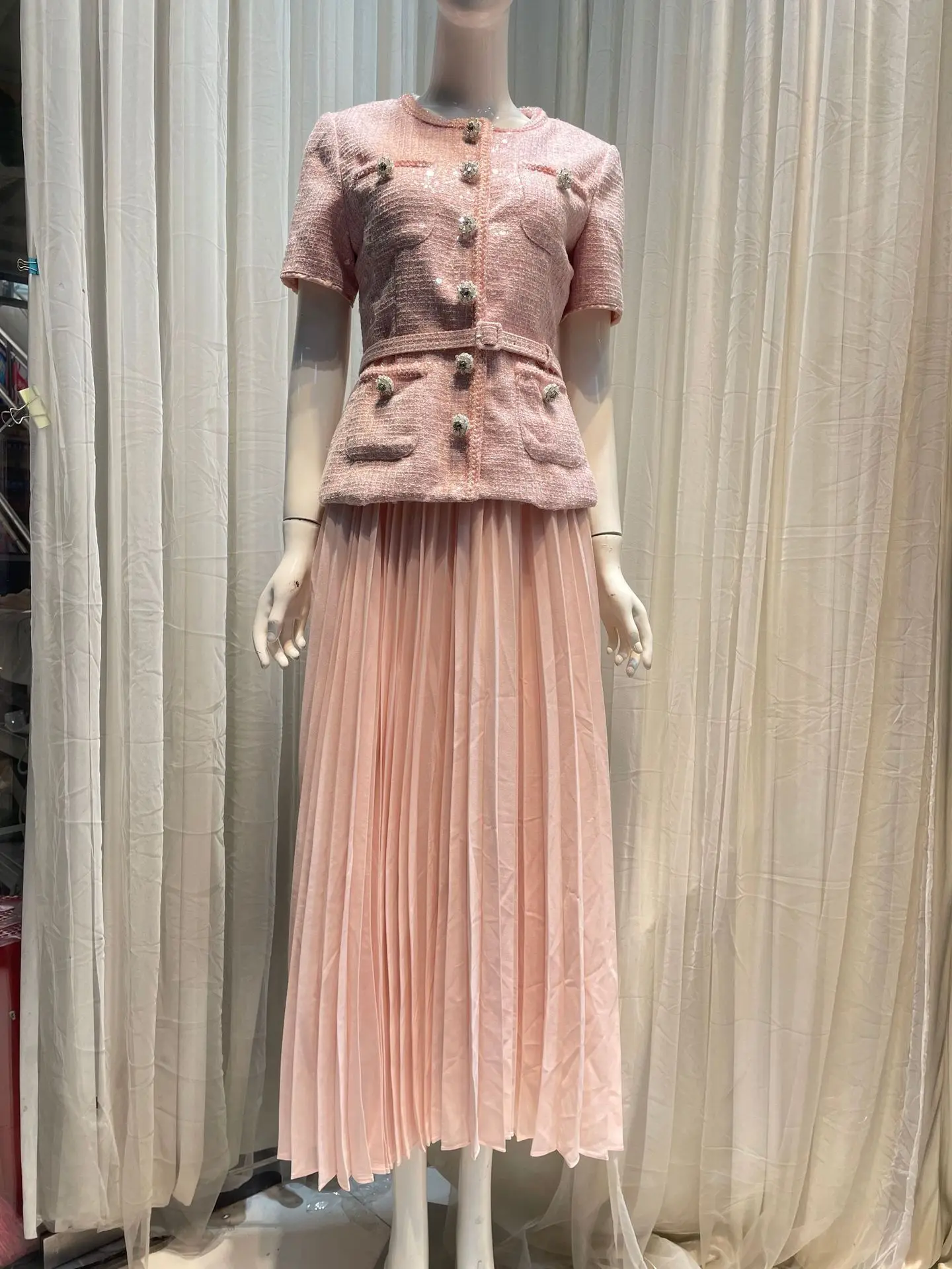 Quality Designer Autumn Winter Tweed Chiffon Sequins Prom Dress Women Pink Short Sleeve Pleated Midi Long Evening Dresses Lady